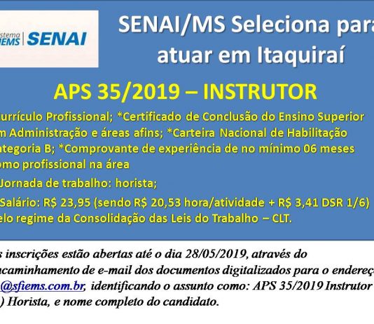 Senai contrata instrutor para curso que será realizado em Itaquiraí