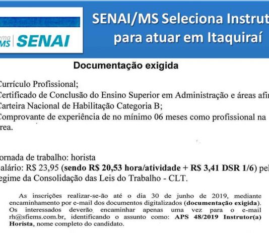 EMPREGO: Senai contrata instrutor para atuar em Itaquiraí