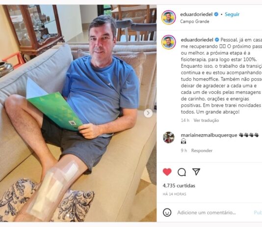 Eduardo Riedel, governador eleito, está em casa se recuperando de cirurgia no joelho