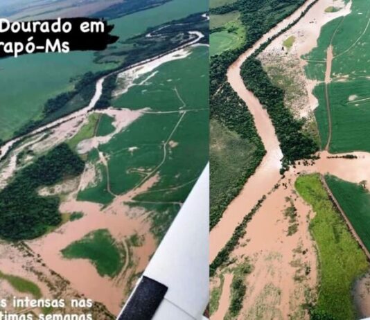 CAARAPÓ: cheia no Rio Dourados deixa estrada submersa e invade plantações