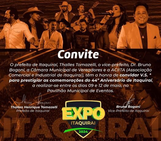 ITAQUIRAÍ: Prefeitura convida população para a festa dos 44 anos do município