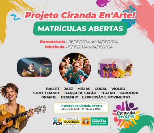 Projeto Ciranda En’Arte da Prefeitura de Naviraí recebe matrículas até o dia 24 de maio