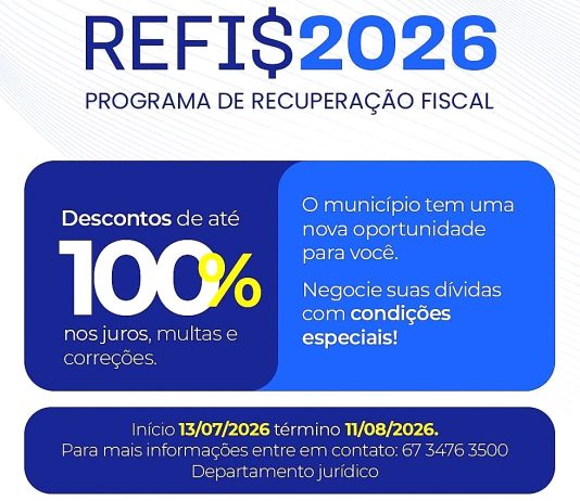 ITAQUIRAÍ: REFIS 2026 começa no dia 13 de julho e segue até 11 de agosto