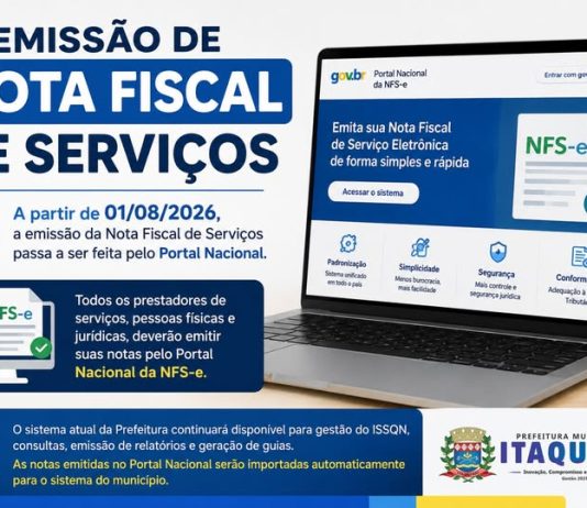 ITAQUIRAÍ: emissão de Nota Fiscal de Serviços passa a ser feita pelo Portal Nacional a partir de 1º de agosto