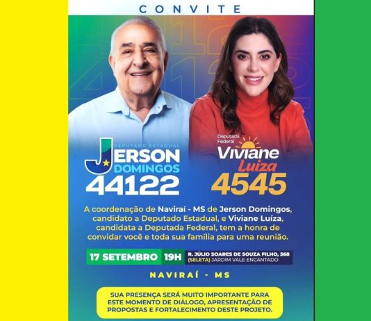 Naviraí recebe Jerson Domingos e Viviane Luíza em reunião política hoje à noite na Seleta